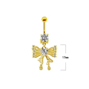 Goldener Bauchnabelpiercing mit Schmetterling, Herz-Zirkonia und 17mm Anhänger