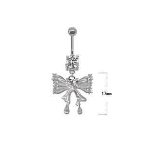 Silberner Bauchnabelpiercing-Bogen mit Herz-Zirkon und baumelnden Kristallfransen