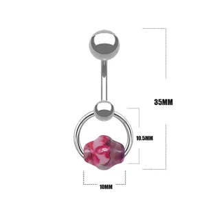 Detailliertes Diagramm für 35mm Edelstahl-Bauchnabelpiercing mit rosa Naturstein-Perle