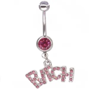 Piercing all'ombelico in acciaio con gemma rosa e ciondolo con scritte BITCH