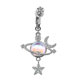 Piercing de nombril planète argenté avec une orbe colorée et une lune ornée de cristaux