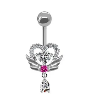 Piercing de nombril cœur argenté avec gemme rose, ailes et pendentif en goutte d'eau