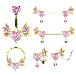 Set gioielli per piercing dorati con cuori rosa e ali di farfalla viola