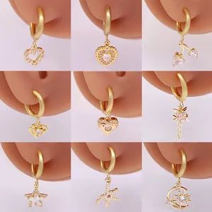 Edelstahl Creolen Vergoldet Zirkonia Herz Stern Schmetterling Mond Sonne Evil Eye Hängeohrringe Damen Schmuck