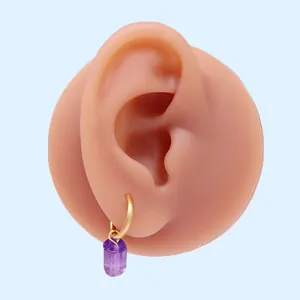 Orecchini a cerchio dorati minimalisti con ciondolo in cristallo esagonale viola su modello