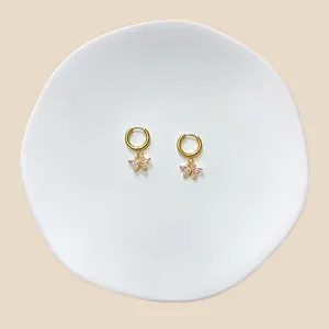 Details von goldenen Schmetterlings-Ohrringen mit rosa Zirkonia auf Keramikschale