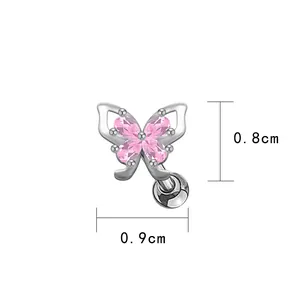 Detail view of small pink crystal butterfly piercing stud showing 0.8cm x 0.9cm dimensions