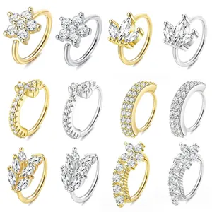 12-piece minimalist nose ring set with floral and geometric zircon designs in gold and silver