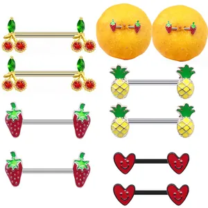 316L Roestvrij Staal Tepelring Barbell Hart Smiley Gezicht Fruit Aardbei Ananas Kers Emaille Strass Body Piercing Sieraden Voor Vrouwen