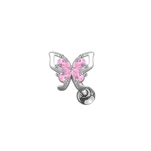 Macro view of butterfly cartilage earring with pink marquise zircon and screw back