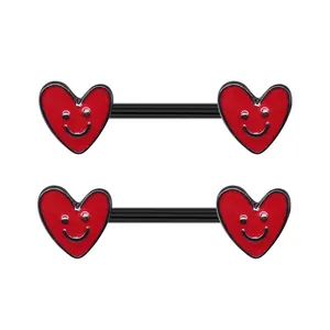 Paar herzförmige Brustwarzenringe aus Edelstahl mit roter Emaille und schwarzem Smiley-Gesicht