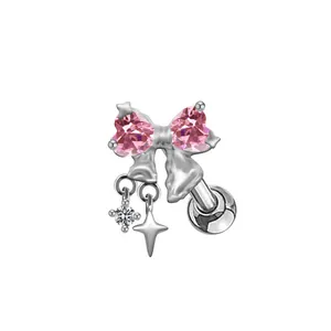Pink heart zircon bow piercing earring with star charm and surgical steel screw back
