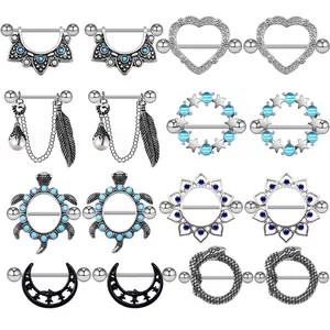 Gothic Punk Nipple Ring Shield Body Jewelry For Women Zinc Alloy Heart Snake Moon Star Feather Pendant Barbell Piercing Jewelry