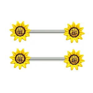 Sunflower nipple rings in silver stainless steel with vibrant yellow floral accents