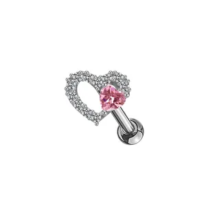 Silver heart wing stud earring with pink crystal center and white cubic zirconia stones