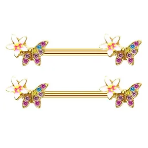Golden butterfly and floral nipple bars with colorful rhinestones and enamel accents
