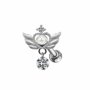 Detail of wing-shaped heart stud with white pearl and sparkling round zircon drop