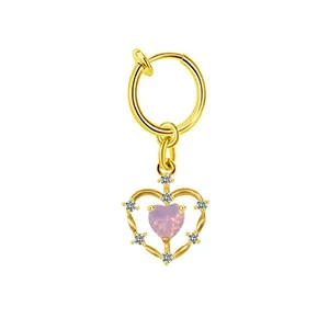 Golden heart-shaped belly ring or ear clip with pink opal and zircon accents