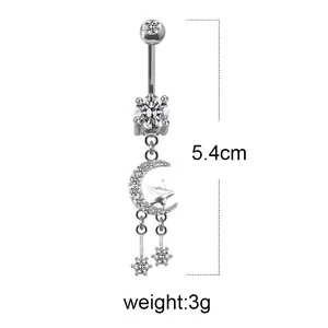 Piercing ombelico con luna crescente e stella in argento con zirconi e pendente 5,4cm