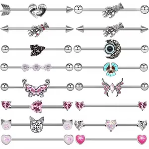 Stainless Steel Industrial Barbell Earring For Women Butterfly Heart Moon Skull Cat Ear Cartilage Piercing Jewelry Zirconia