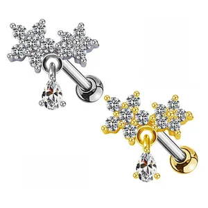 Boucles d'oreilles en acier chirurgical avec fleur et pendentif poire en argent et or
