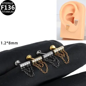 F136 titanium crown labret stud with crystal bar and dangling chains in four colors