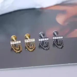 Titanium crown ear bone studs with sparkling stones and triple layered chain dangles