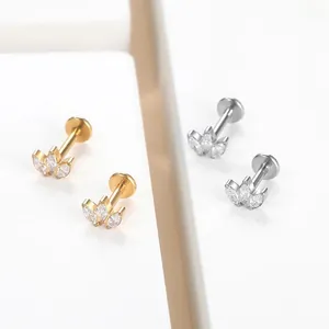 Polished titanium labret studs with marquise-cut zircon clover top in gold and silver finish