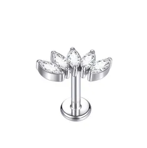 Detailed view of titanium labret stud with fan-shaped marquise-cut cubic zirconia