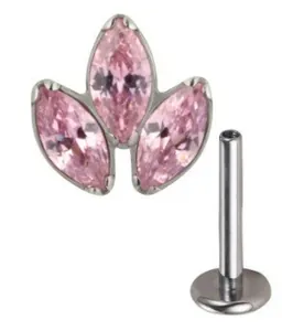 Detailed view of pink marquise-cut zircon clover piercing with internal thread