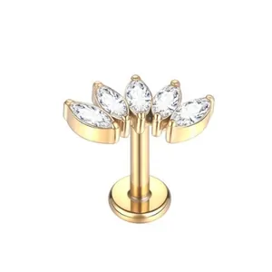 Macro shot of 5-stone marquise fan labret stud with gold finish for ear piercing