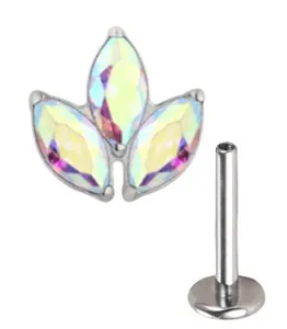 Macro shot of titanium clover labret stud with iridescent marquise gems and flat back base
