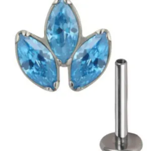 Detailed view of marquise-cut blue zircon clover piercing with silver flat back post