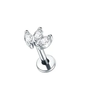 Detailed view of titanium clover flat-back stud with three marquise-cut zircons