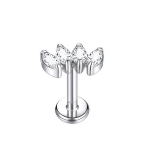 Polished titanium labret stud with four marquise-cut zircons in a fan-shaped design