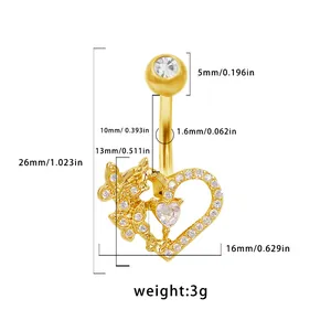 Dimensiones detalladas del piercing de ombligo dorado con corazón, mariposa y medidas