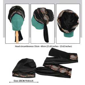 Schwarzer Samt Turban mit Strass-Paisley-Muster für Kopfumfang von 55-60 cm