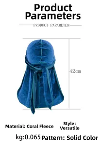 Detail showing dimensions and soft velvet texture of navy blue durag cap
