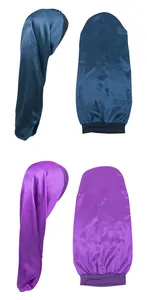 Extra long satin sleep bonnet for long hair showing silky texture and elastic band detail