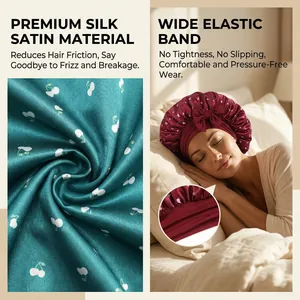 Silk satin sleep bonnet with cherry print and wide elastic band for hair protection