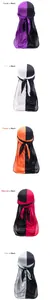 Detailed display of assorted two-tone silky durags with long tails in five color combinations