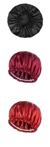 Three-pack satin sleep bonnets in black and red colors with elastic ruffle trim edge
