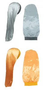 Detailed views of silver and orange satin bonnets for long hair with elastic bands