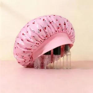 Gorro de dormir de satén rosa con estampado de cerezas y banda elástica ancha