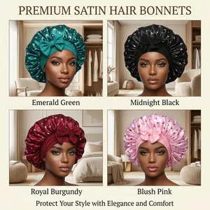 Elegant satin hair bonnets with cherry prints and bows for sleep hair protection