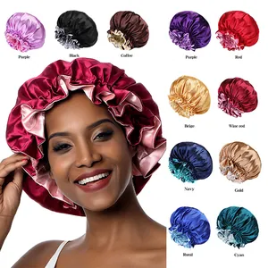 Double Layer Satin Sleep Bonnet For Women Elastic Wide Band Hair Care Night Cap Large Size Solid Color Hair Protection Bonnet