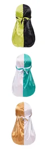 Detailed back view of silky durags in neon green, teal, and gold with dual-color design