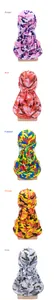 Rear view of camouflage silky durags in purple red and orange with tied tail details