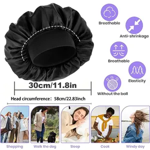 Elastic satin sleeping bonnet for hair care with 30cm diameter and breathable black fabric
