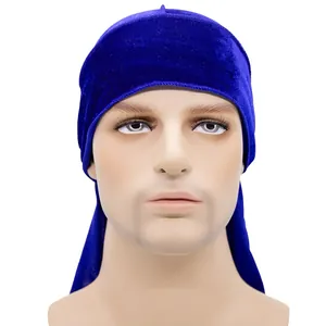 Elastischer dunkelblauer Samt-Durag für Herren mit langem Schwanz und weicher Textur